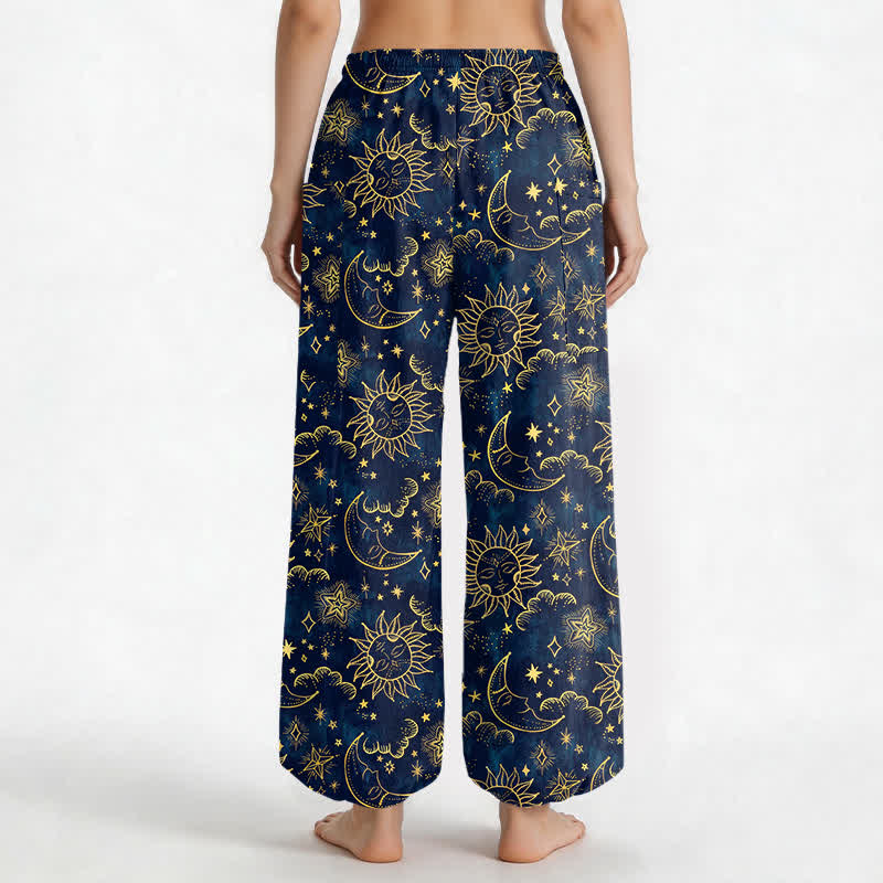 Buddha Stones Pantaloni harem da donna in cotone con elastico in vita e tasche laterali, fantasia celeste sole luna stelle. - image 2