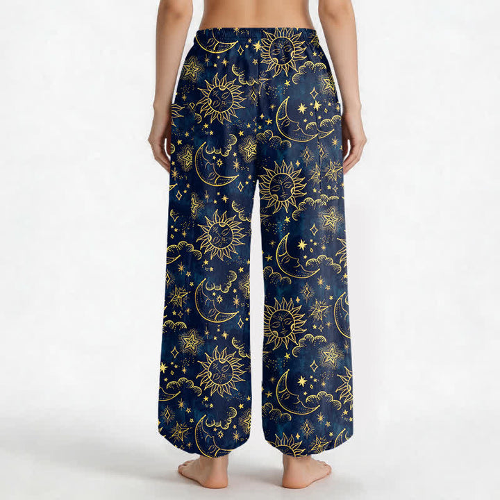 Buddha Stones Pantaloni harem da donna in cotone con elastico in vita e tasche laterali, fantasia celeste sole luna stelle. - image 2