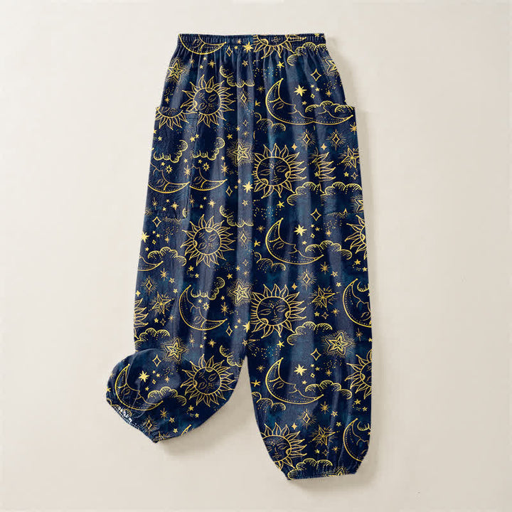 Buddha Stones Pantaloni harem da donna in cotone con elastico in vita e tasche laterali, fantasia celeste sole luna stelle. - image 4