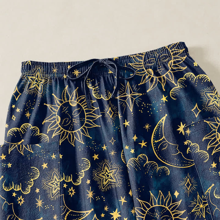 Buddha Stones Pantaloni harem da donna in cotone con elastico in vita e tasche laterali, fantasia celeste sole luna stelle. - image 5