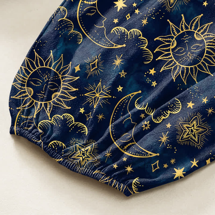 Buddha Stones Pantaloni harem da donna in cotone con elastico in vita e tasche laterali, fantasia celeste sole luna stelle. - image 6