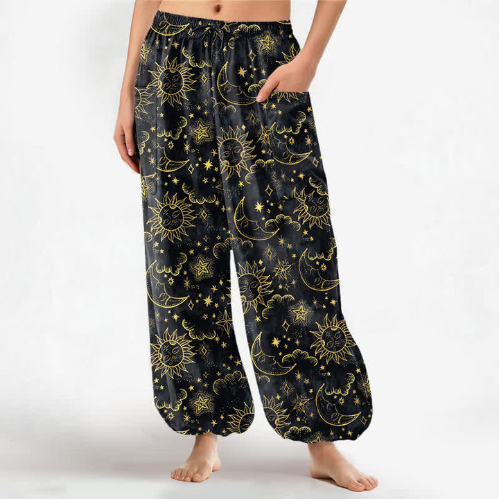 Buddha Stones Pantaloni harem da donna in cotone con elastico in vita e tasche laterali, fantasia celeste sole luna stelle. - Nero - US16, UK/AU20, EU48 (3XL) - image 7