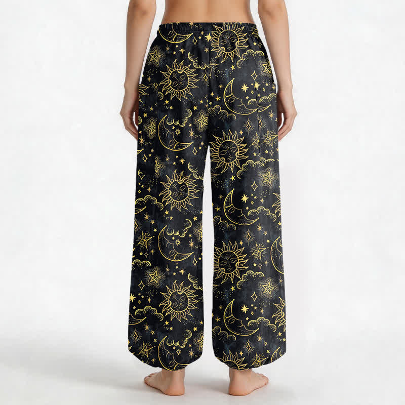 Buddha Stones Pantaloni harem da donna in cotone con elastico in vita e tasche laterali, fantasia celeste sole luna stelle. - image 9