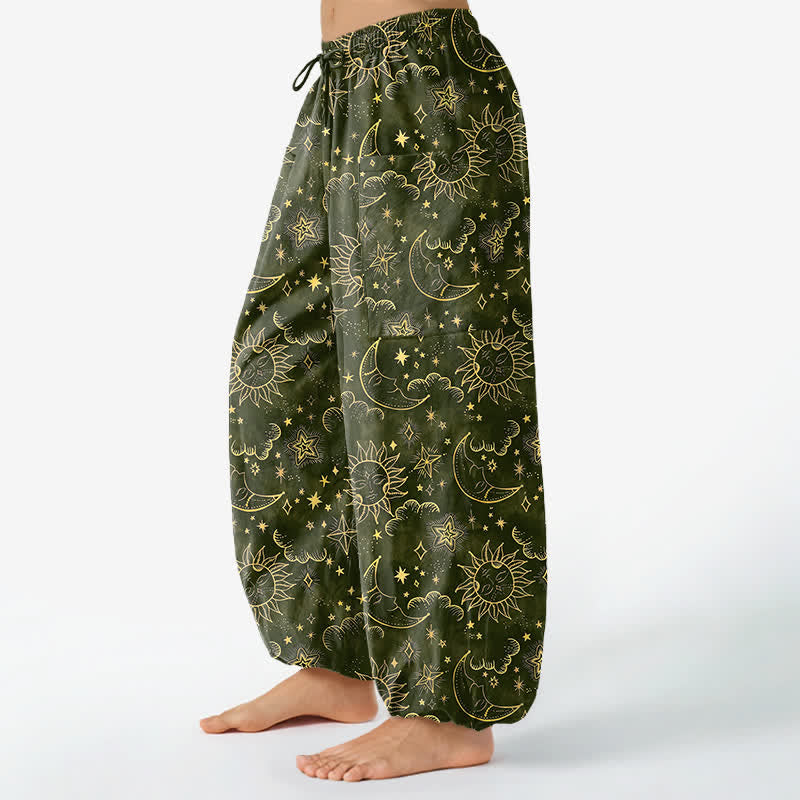 Buddha Stones Pantaloni harem da donna in cotone con elastico in vita e tasche laterali, fantasia celeste sole luna stelle. - Verde oliva scuro - US16, UK/AU20, EU48 (3XL) - image 10