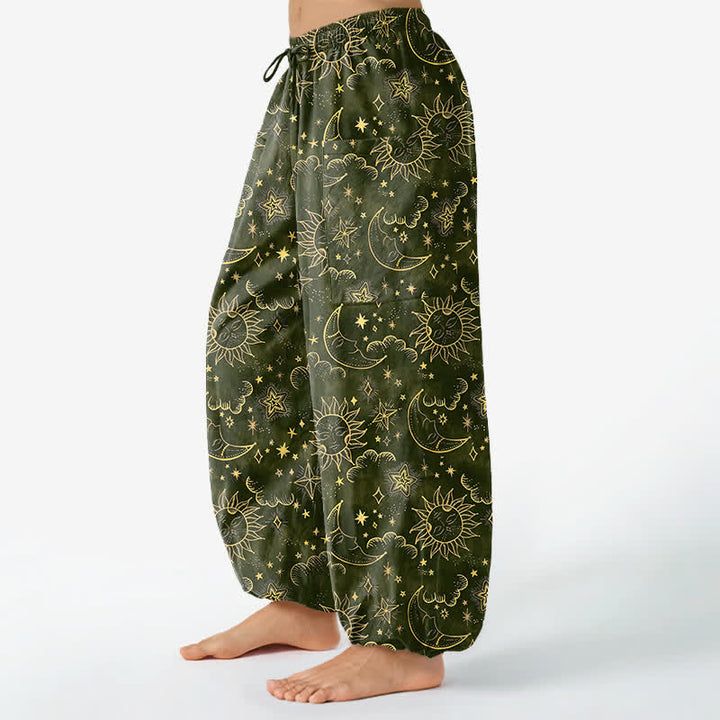 Buddha Stones Pantaloni harem da donna in cotone con elastico in vita e tasche laterali, fantasia celeste sole luna stelle. - Verde oliva scuro - US16, UK/AU20, EU48 (3XL) - image 10
