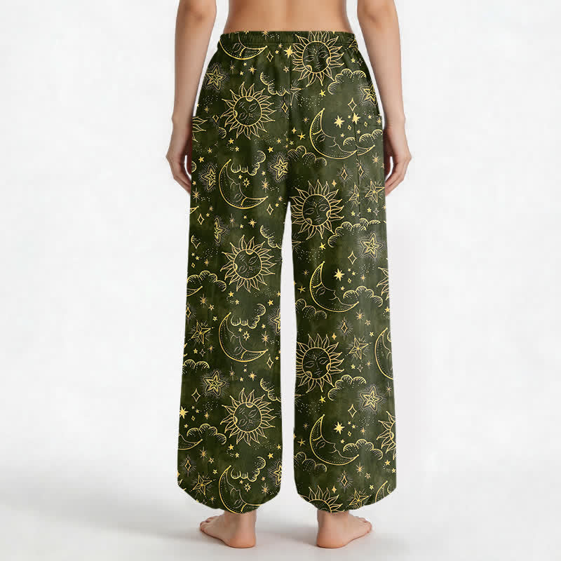 Buddha Stones Pantaloni harem da donna in cotone con elastico in vita e tasche laterali, fantasia celeste sole luna stelle. - image 12