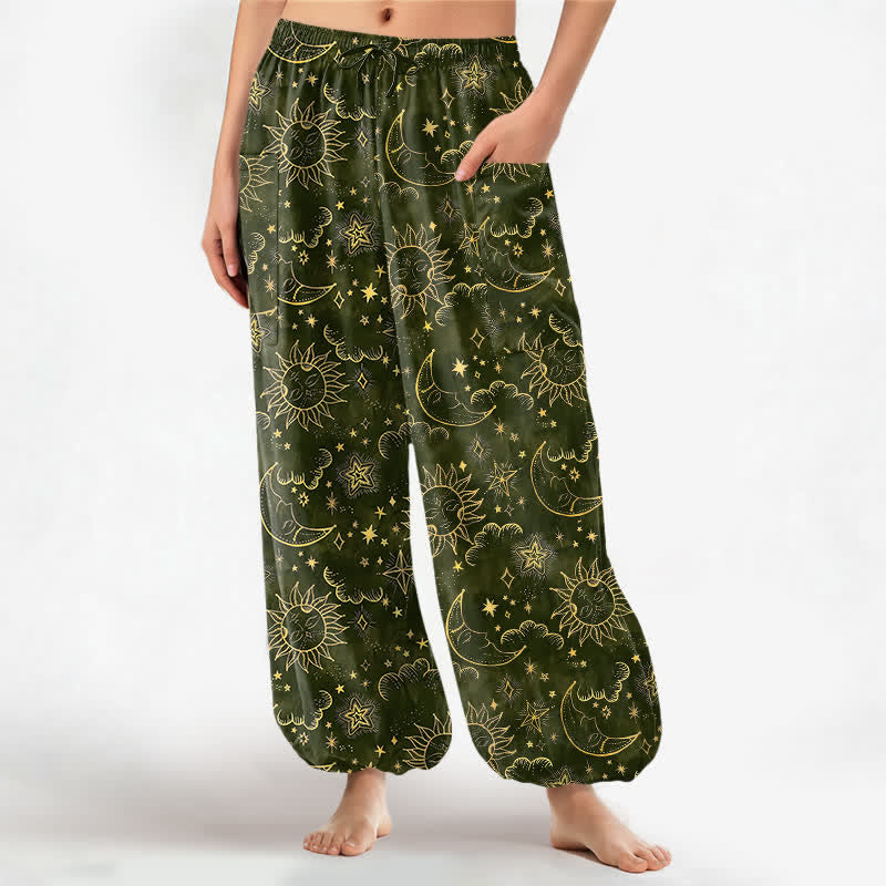 Buddha Stones Pantaloni harem da donna in cotone con elastico in vita e tasche laterali, fantasia celeste sole luna stelle. - image 11