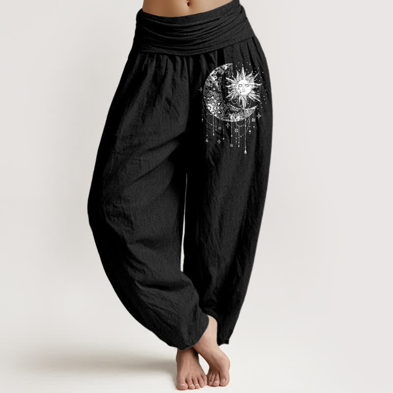 Buddha Stones Pantaloni harem da donna in puro cotone con motivo celeste sole e luna e vita elasticizzata. - Nero - US16, UK/AU20, EU48 (3XL) - image 0