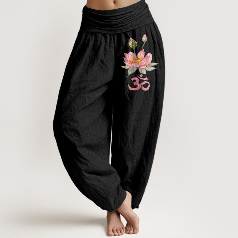 Buddha Stones Pantaloni harem da donna in puro cotone rosa con motivo loto Om e vita elasticizzata. - Nero - US16, UK/AU20, EU48 (3XL) - image 0