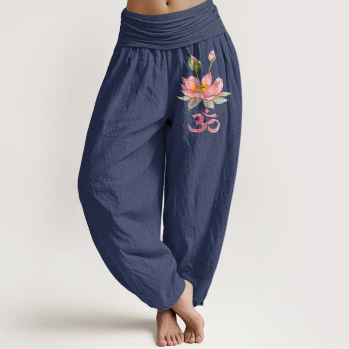 Buddha Stones Pantaloni harem da donna in puro cotone rosa con motivo loto Om e vita elasticizzata. - Blu ardesia scuro - US16, UK/AU20, EU48 (3XL) - image 5