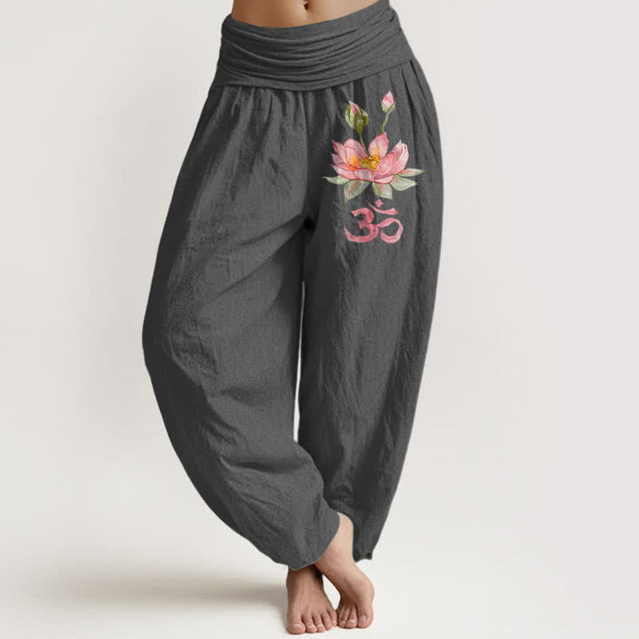 Buddha Stones Pantaloni harem da donna in puro cotone rosa con motivo loto Om e vita elasticizzata. - Grigio tenue - US16, UK/AU20, EU48 (3XL) - image 8