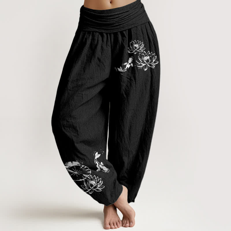Buddha Stones Pantaloni harem da donna in puro cotone con motivo koi e loto, elastico in vita. - Nero - US16, UK/AU20, EU48 (3XL) - image 0