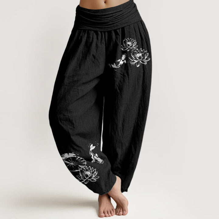 Buddha Stones Pantaloni harem da donna in puro cotone con motivo koi e loto, elastico in vita. - Nero - US16, UK/AU20, EU48 (3XL) - image 0
