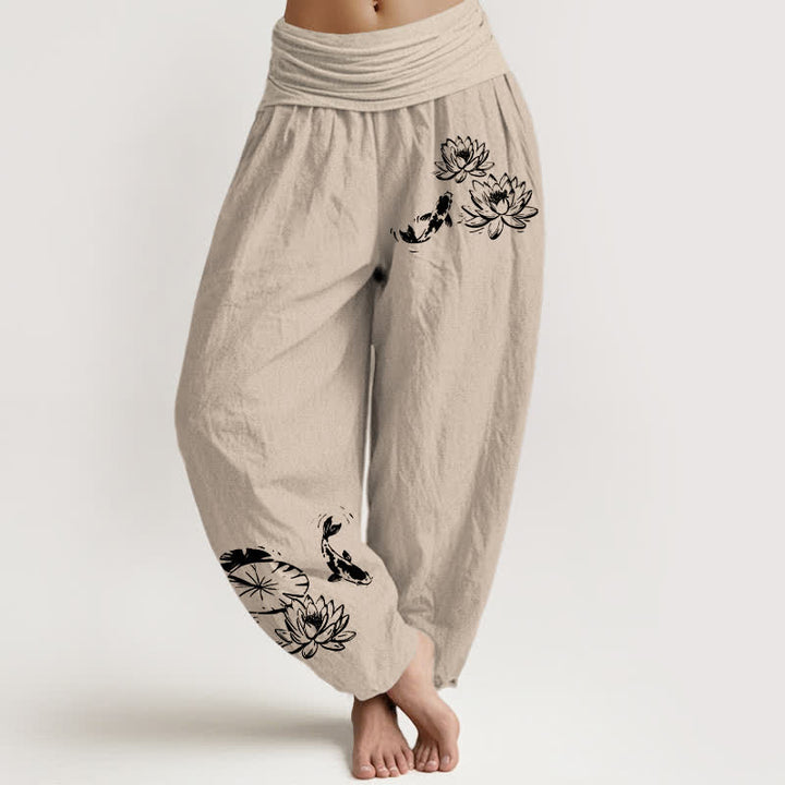 Buddha Stones Pantaloni harem da donna in puro cotone con motivo koi e loto, elastico in vita. - Tan - US16, UK/AU20, EU48 (3XL) - image 8