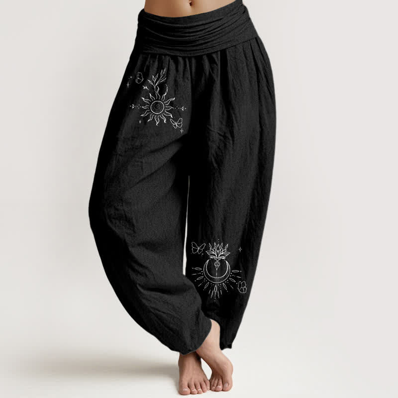 Buddha Stones Pantaloni harem da donna in puro cotone con motivo farfalle, sole, loto e luna, con elastico in vita. - Nero - US16, UK/AU20, EU48 (3XL) - image 0