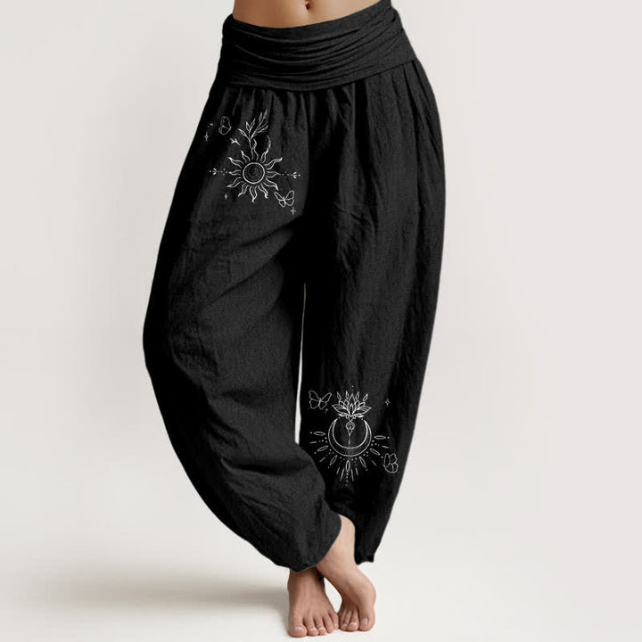 Buddha Stones Pantaloni harem da donna in puro cotone con motivo farfalle, sole, loto e luna, con elastico in vita. - Nero - US16, UK/AU20, EU48 (3XL) - image 0