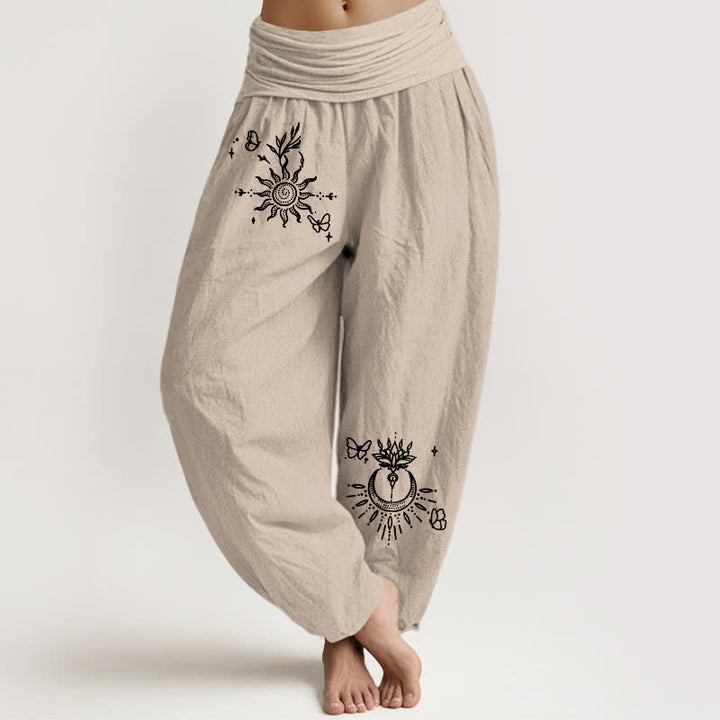 Buddha Stones Pantaloni harem da donna in puro cotone con motivo farfalle, sole, loto e luna, con elastico in vita. - Tan - US16, UK/AU20, EU48 (3XL) - image 8