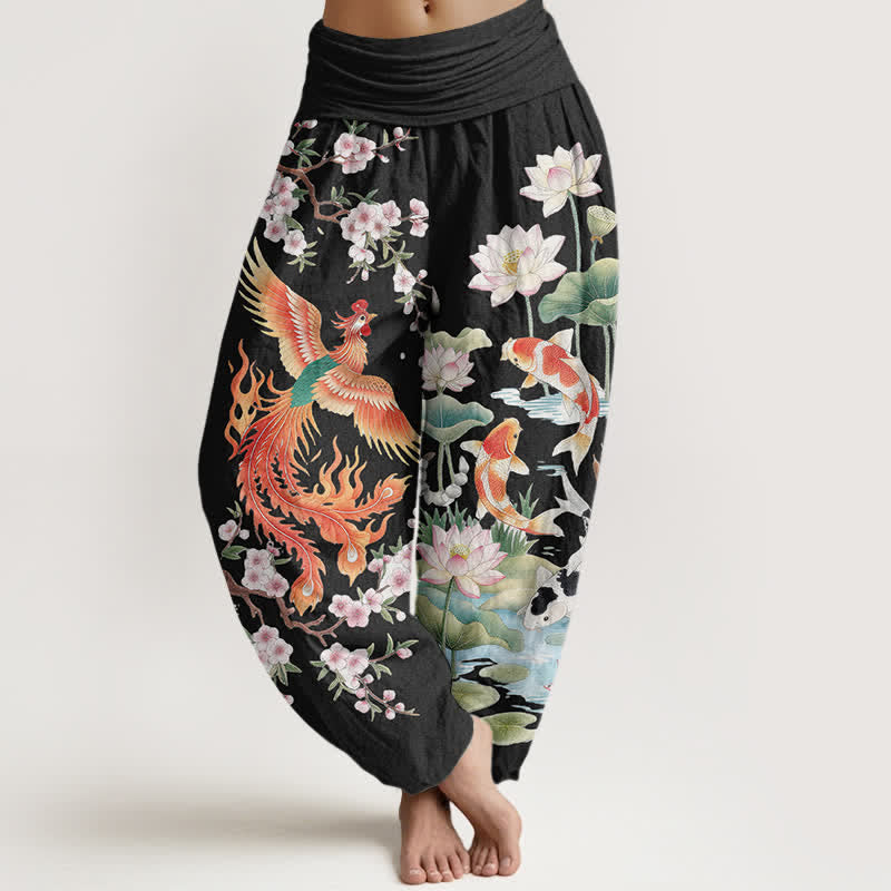 Buddha Stones Pantaloni harem da donna in cotone con motivo fenice, carpa koi e loto, con elastico in vita. - Nero - US16, UK/AU20, EU48 (3XL) - image 0