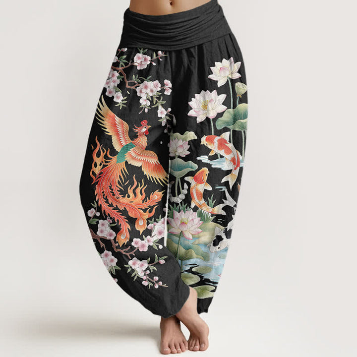 Buddha Stones Pantaloni harem da donna in cotone con motivo fenice, carpa koi e loto, con elastico in vita. - Nero - US16, UK/AU20, EU48 (3XL) - image 0
