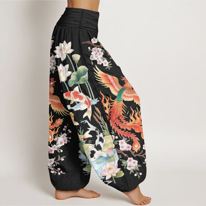 Buddha Stones Pantaloni harem da donna in cotone con motivo fenice, carpa koi e loto, con elastico in vita. - image 1