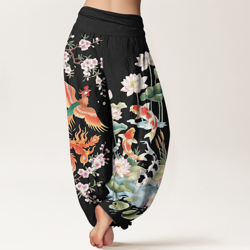 Buddha Stones Pantaloni harem da donna in cotone con motivo fenice, carpa koi e loto, con elastico in vita. - image 2