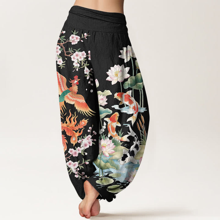 Buddha Stones Pantaloni harem da donna in cotone con motivo fenice, carpa koi e loto, con elastico in vita. - image 2