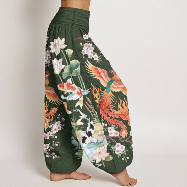 Buddha Stones Pantaloni harem da donna in cotone con motivo fenice, carpa koi e loto, con elastico in vita. - image 6