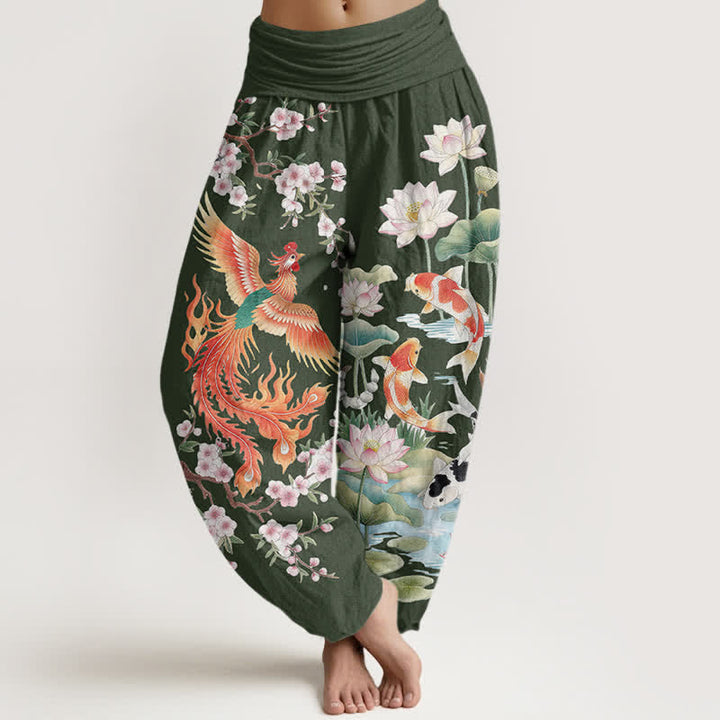 Buddha Stones Pantaloni harem da donna in cotone con motivo fenice, carpa koi e loto, con elastico in vita. - Verde oliva scuro - US16, UK/AU20, EU48 (3XL) - image 5