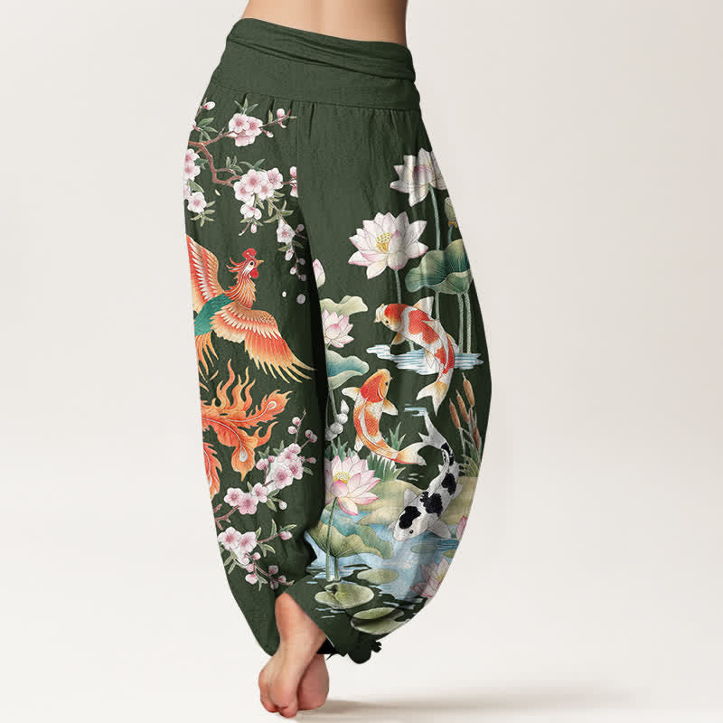 Buddha Stones Pantaloni harem da donna in cotone con motivo fenice, carpa koi e loto, con elastico in vita. - image 7