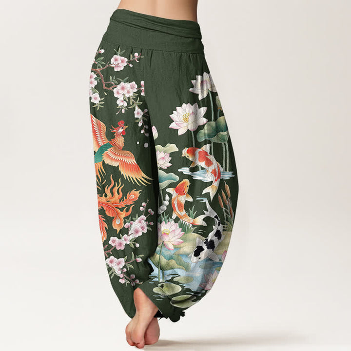 Buddha Stones Pantaloni harem da donna in cotone con motivo fenice, carpa koi e loto, con elastico in vita. - image 7