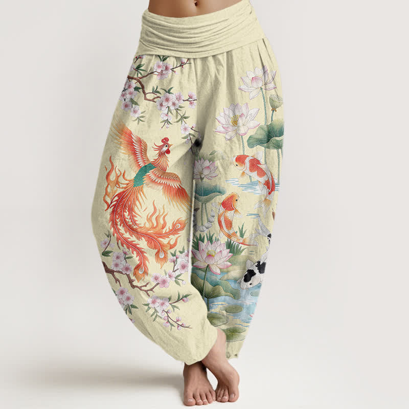 Buddha Stones Pantaloni harem da donna in cotone con motivo fenice, carpa koi e loto, con elastico in vita. - Giallo chiaro verga d'oro - US16, UK/AU20, EU48 (3XL) - image 8