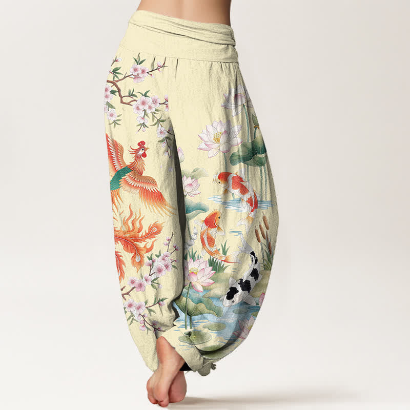 Buddha Stones Pantaloni harem da donna in cotone con motivo fenice, carpa koi e loto, con elastico in vita. - image 10