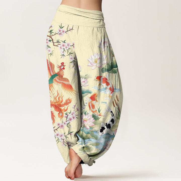 Buddha Stones Pantaloni harem da donna in cotone con motivo fenice, carpa koi e loto, con elastico in vita. - image 10