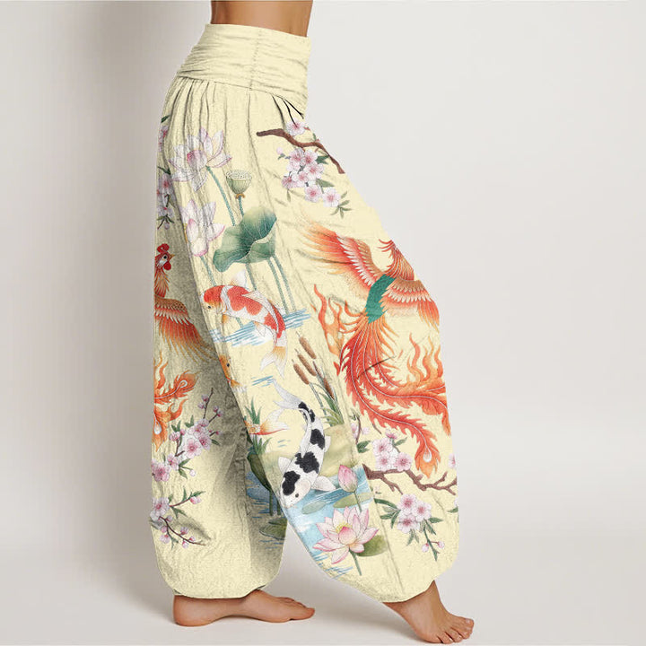 Buddha Stones Pantaloni harem da donna in cotone con motivo fenice, carpa koi e loto, con elastico in vita. - image 9