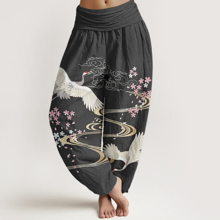 Buddha Stones Pantaloni harem da donna in cotone con motivo a gru e fiori di ciliegio, con elastico in vita. - Grigio tenue - US16, UK/AU20, EU48 (3XL) - image 0