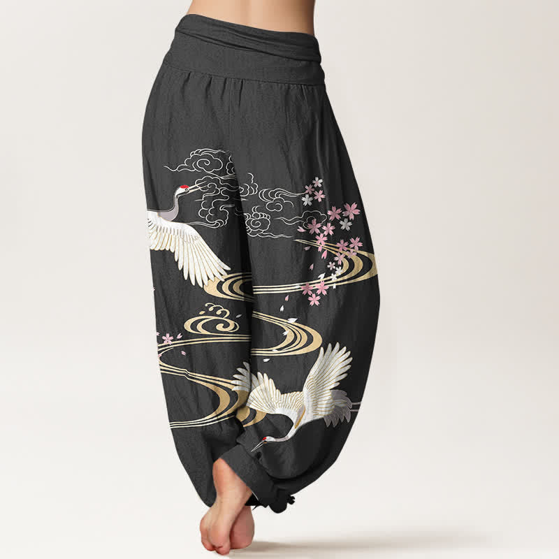 Buddha Stones Pantaloni harem da donna in cotone con motivo a gru e fiori di ciliegio, con elastico in vita. - image 2