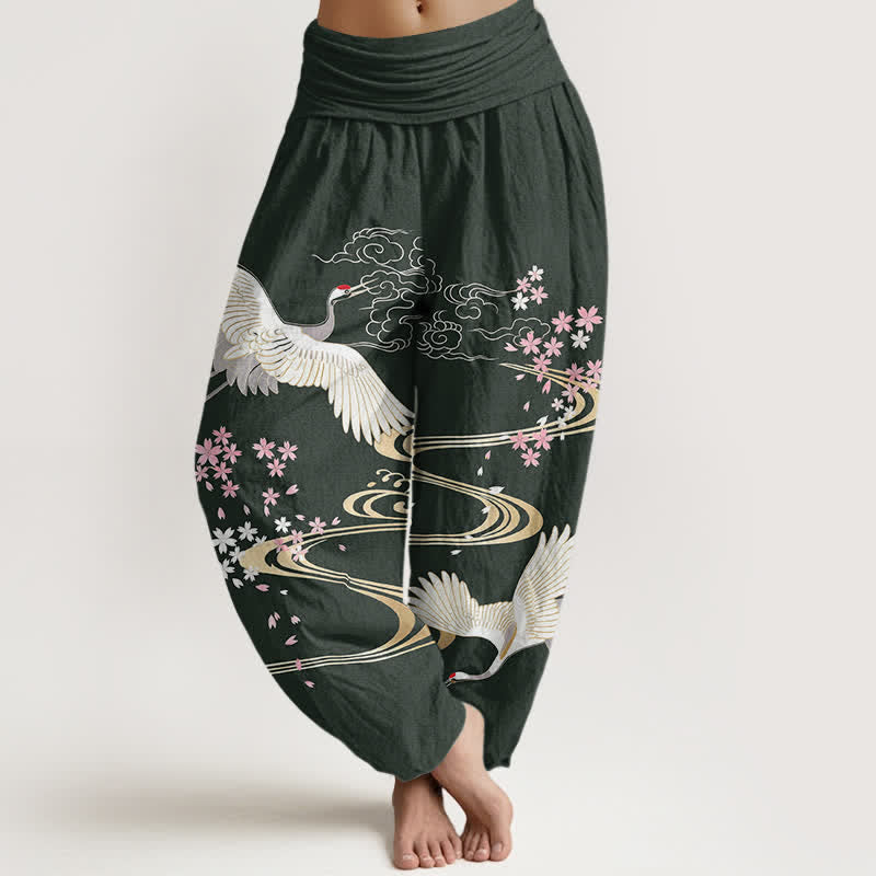 Buddha Stones Pantaloni harem da donna in cotone con motivo a gru e fiori di ciliegio, con elastico in vita. - Verde scuro - US16, UK/AU20, EU48 (3XL) - image 5