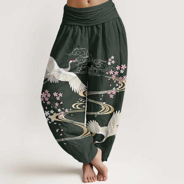 Buddha Stones Pantaloni harem da donna in cotone con motivo a gru e fiori di ciliegio, con elastico in vita. - Verde scuro - US16, UK/AU20, EU48 (3XL) - image 5
