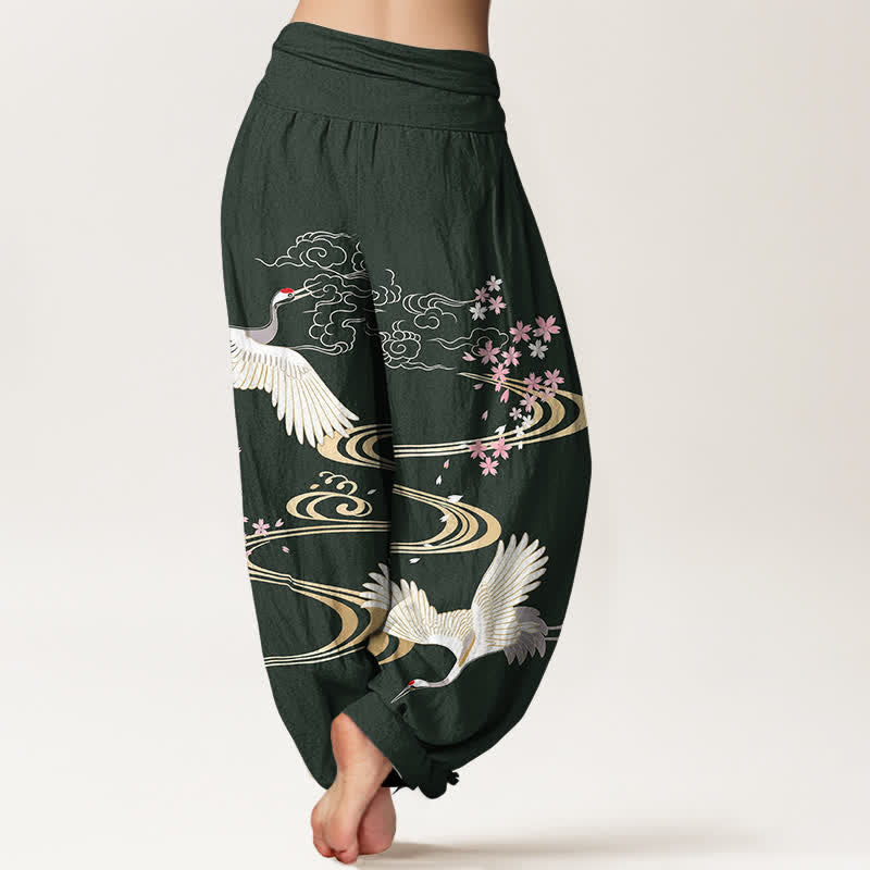 Buddha Stones Pantaloni harem da donna in cotone con motivo a gru e fiori di ciliegio, con elastico in vita. - image 7