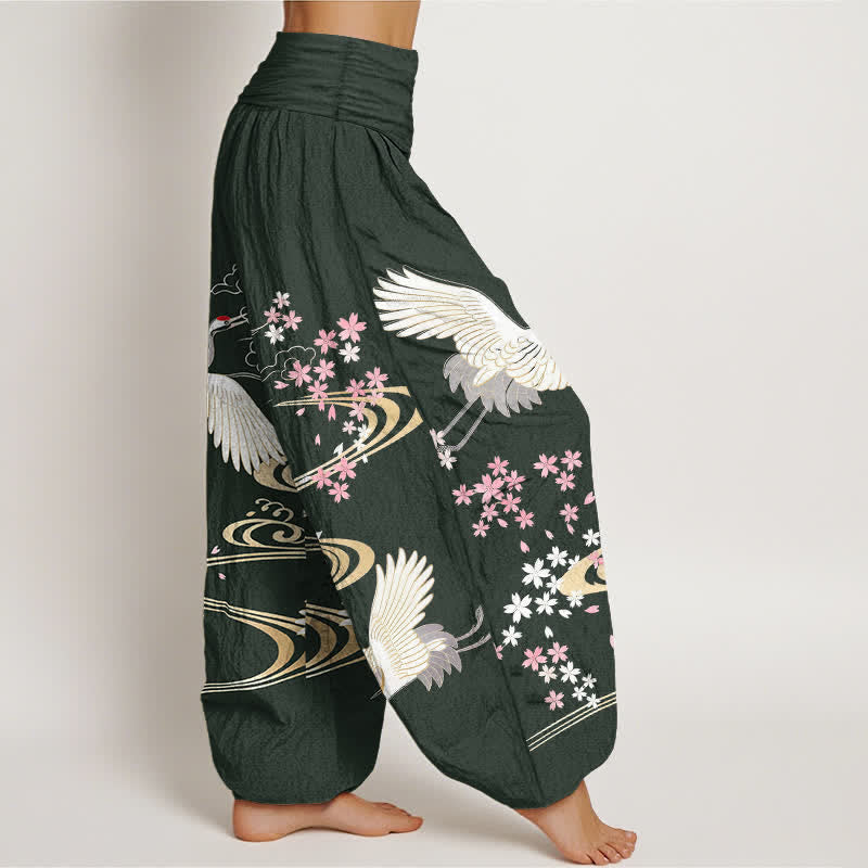 Buddha Stones Pantaloni harem da donna in cotone con motivo a gru e fiori di ciliegio, con elastico in vita. - image 6