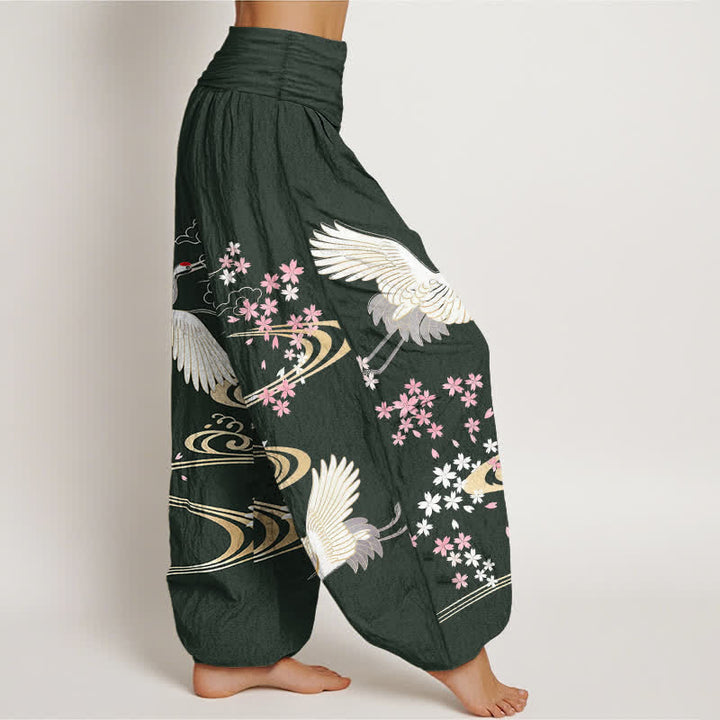 Buddha Stones Pantaloni harem da donna in cotone con motivo a gru e fiori di ciliegio, con elastico in vita. - image 6