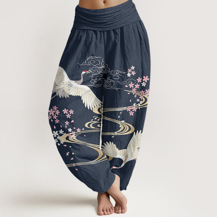 Buddha Stones Pantaloni harem da donna in cotone con motivo a gru e fiori di ciliegio, con elastico in vita. - Marina - US16, UK/AU20, EU48 (3XL) - image 8