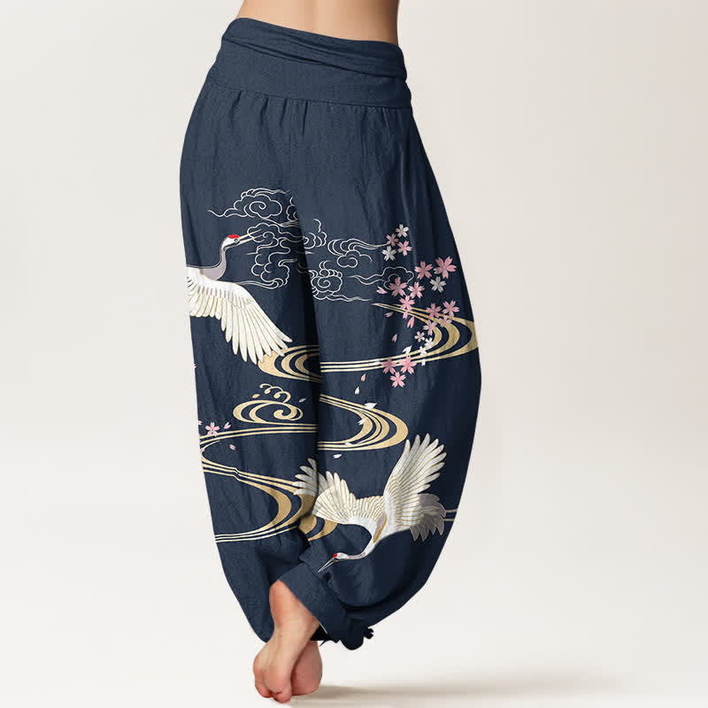Buddha Stones Pantaloni harem da donna in cotone con motivo a gru e fiori di ciliegio, con elastico in vita. - image 10