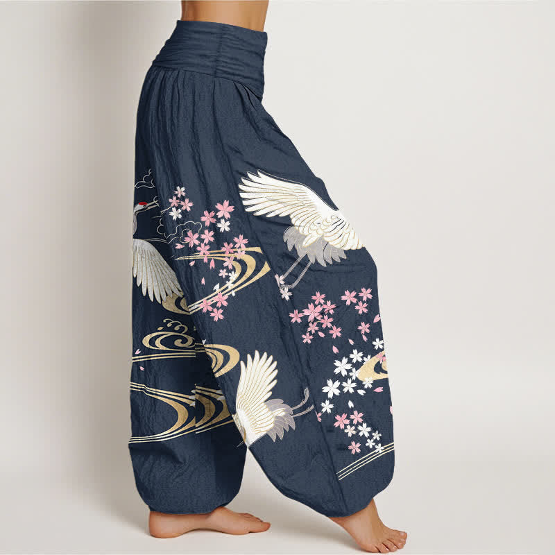 Buddha Stones Pantaloni harem da donna in cotone con motivo a gru e fiori di ciliegio, con elastico in vita. - image 9