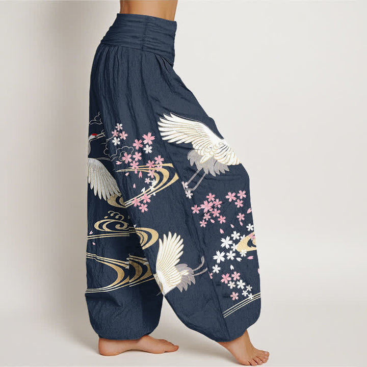 Buddha Stones Pantaloni harem da donna in cotone con motivo a gru e fiori di ciliegio, con elastico in vita. - image 9