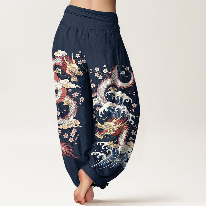 Buddha Stones Pantaloni harem da donna in cotone con motivo a onde e fiori di drago, con elastico in vita. - image 2