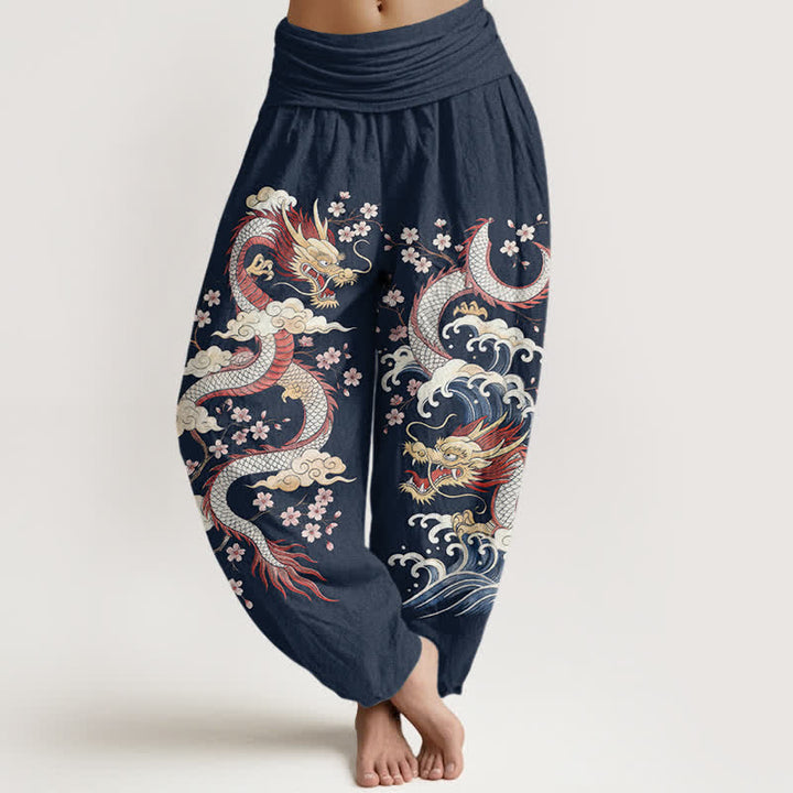 Buddha Stones Pantaloni harem da donna in cotone con motivo a onde e fiori di drago, con elastico in vita. - Marina - US16, UK/AU20, EU48 (3XL) - image 0
