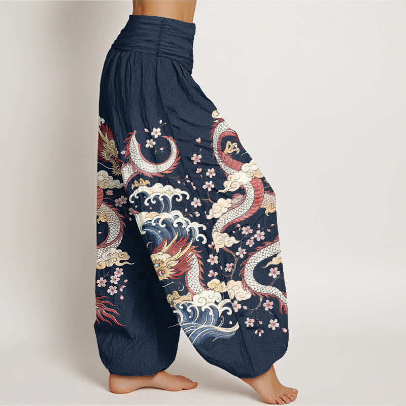 Buddha Stones Pantaloni harem da donna in cotone con motivo a onde e fiori di drago, con elastico in vita. - image 1