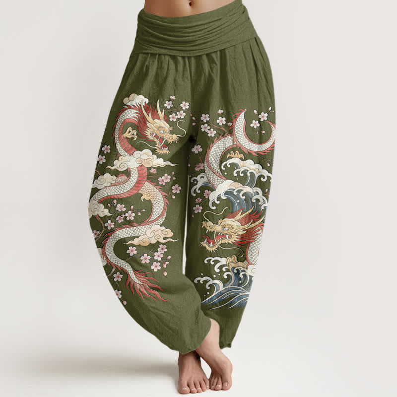 Buddha Stones Pantaloni harem da donna in cotone con motivo a onde e fiori di drago, con elastico in vita. - Verde oliva - US16, UK/AU20, EU48 (3XL) - image 5