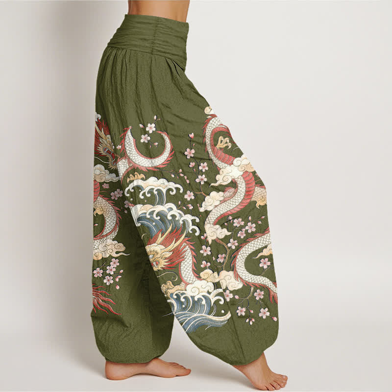 Buddha Stones Pantaloni harem da donna in cotone con motivo a onde e fiori di drago, con elastico in vita. - image 6